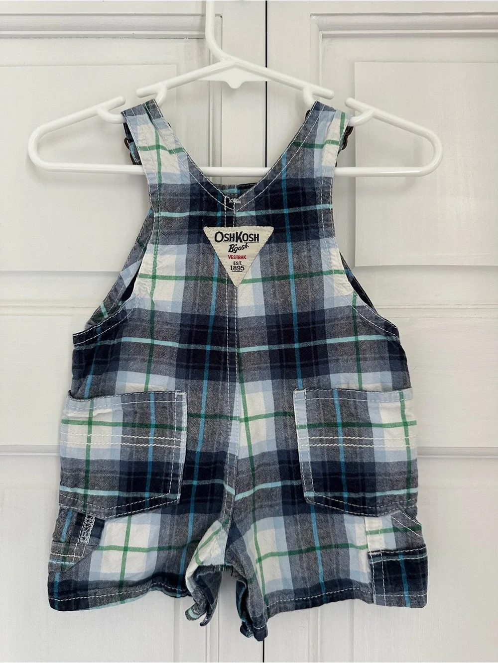 OshKosh Plaid Shortalls in Blue and Green 3m